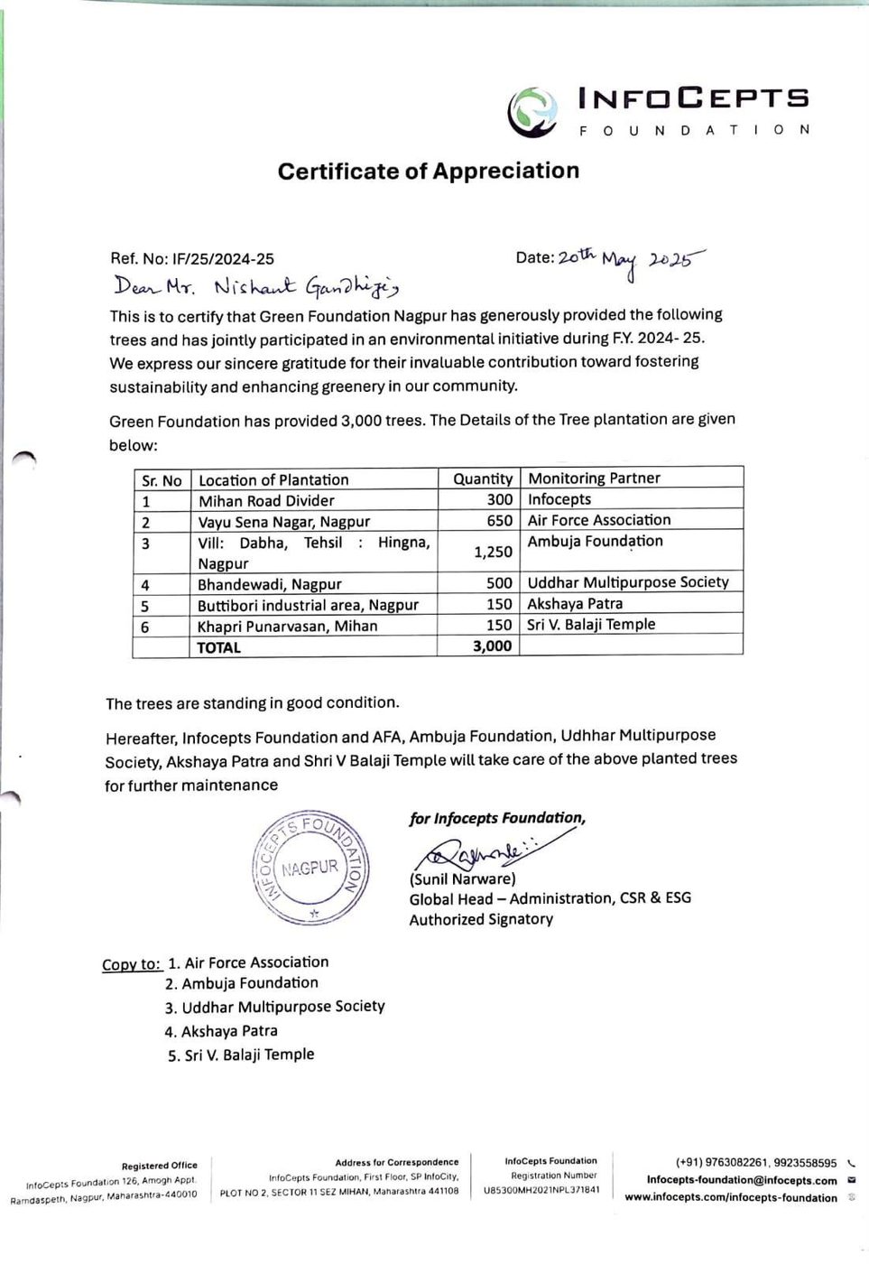 Infocepts Foundation Certificate of appreciation