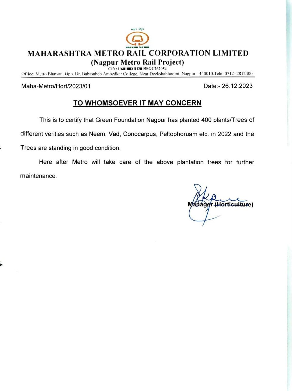 Maharashtra Metro Rail Corporation Plantation and maintenance acknowledgement